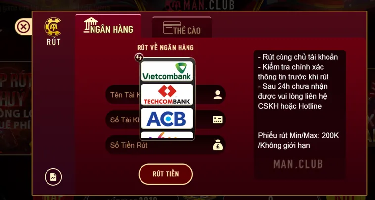 Hướng Dẫn Rút Tiền Qua Tài Khoản Ngân Hàng Tại ManClub Nhanh Chóng An Toàn Cho Mọi Game Thủ